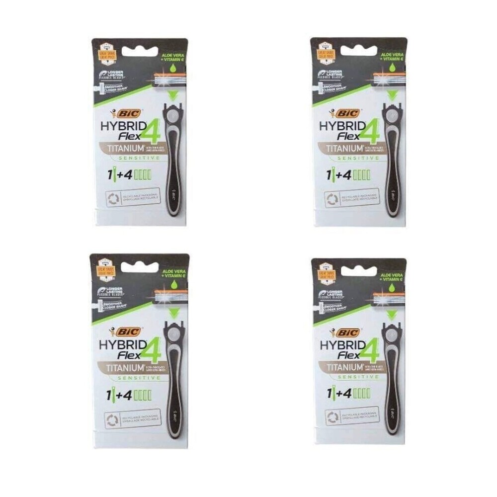 BIC Hybrid Flex 4 Titanium Sensitive Men's 4-Blade Black Disposable Razor 4 Boxs
